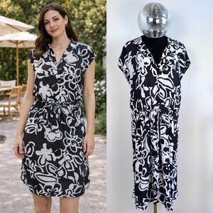 LOFT Painterly Floral Shirt Dress, Large, Navy, Tie Waist V-Neck Cap Sleeve